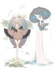  2girls antennae apron arm_at_side arthropod_girl back_bow black_bow black_trim bob_cut bow brown_apron brown_skirt closed_mouth clothed_pokemon colored_skin commentary_request crossed_legs dot_mouth dripping english_text flat_chest frilled_apron frills full_body furry furry_female gardevoir grass green_hair green_skin hair_over_one_eye hand_on_own_hip hands_up highres holding holding_umbrella joints long_hair looking_at_viewer miniskirt multicolored_skin multiple_girls nitrocharge25 one_eye_covered parted_lips partial_commentary pheromosa pokemon pokemon_(creature) purple_eyes red_eyes short_hair skirt standing two-tone_skin umbrella very_long_hair waist_apron water watson_cross white_background white_hair white_skin 