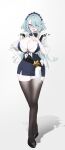  1girl 7u747u7 absurdres ahoge black_shoes blue_eyes blue_hair breasts cleavage detached_collar hairband highres jacket original shirt shoes side_slit skirt star_ornament thighhighs tied_jacket v white_background 