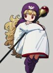  1girl blonde_hair blunt_bangs boots closed_mouth commentary curly_hair dragon_quest dragon_quest_ii dress full_body grey_background highres invisible_chair knees_up long_hair long_sleeves nogo_(nogo_059) official_alternate_color official_alternate_hair_color princess_of_moonbrook purple_boots purple_hood red_eyes robe sideways_glance sitting solo staff white_dress white_robe 