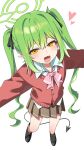  1girl alternate_costume black_ribbon black_shoes blue_archive blush bow bowtie brown_skirt cardigan collared_shirt commentary demon_tail ear_blush earrings fang floating_earrings footwear_bow from_above green_hair green_halo hair_ribbon halo heart highres jewelry long_hair long_sleeves looking_at_viewer mel_(rjsvhehekd) nozomi_(blue_archive) open_mouth outstretched_arms pink_bow pink_bowtie pleated_skirt pointy_ears red_cardigan ribbon school_uniform shirt shoes sidelocks simple_background skin_fang skirt smile solo spread_arms standing tail twintails very_long_hair white_background yellow_eyes 