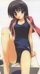  arm_support artist_request barefoot black_hair black_school_swimsuit blue_eyes blush breasts cameltoe cleavage leg_up medium_breasts one-piece_swimsuit original reclining school_swimsuit short_hair sitting smile solo swimsuit towel wet 