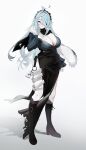  1girl 7u747u7 absurdres ahoge black_boots black_scarf black_skirt blue_eyes blue_hair blue_shirt boots breasts cleavage eyepatch full_body fur_scarf hair_over_one_eye hairband highres knee_boots original scarf shirt skirt slit_pupils white_background 