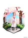  1girl alternate_costume alternate_hairstyle bad_id bad_twitter_id bag beret blue_eyes blue_sky blurry blush bokeh breasts brown_bag brown_hair brown_hat brown_scrunchie building bush cherry_blossoms collared_shirt contrapposto day depth_of_field falling_petals full_body hair_ornament hair_scrunchie handbag hat high_heels highres holding holding_bag kyoi_(kyo1koo2) large_breasts long_hair long_skirt long_sleeves looking_at_viewer mochizuki_honami open_mouth outdoors petals pink_petals pink_shirt pink_sweater_vest project_sekai scrunchie shirt sidelocks skirt sky smile solo standing sweater_vest tree twitter_username v-neck white_skirt 