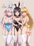  3girls ahoge alisa_mikhailovna_kujou black_gloves black_hair black_leotard blue_eyes blue_leotard breasts brown_eyes brown_hair cleavage closed_mouth collarbone commentary_request covered_navel detached_collar elbow_gloves garter_straps gloves grey_hair hair_between_eyes highres large_breasts leotard long_hair looking_at_viewer medium_breasts multiple_girls open_mouth otonari_no_tenshi-sama_ni_itsu_no_mani_ka_dame_ningen_ni_sarete_ita_ken playboy_bunny sakurajima_mai seishun_buta_yarou shiina_mahiru_(otonari_no_tenshi-sama) smile thighhighs tokidoki_bosotto_roshia-go_de_dereru_tonari_no_alya-san tsunj white_thighhighs yellow_leotard 