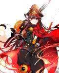  1girl black_pants black_shirt brown_hair cape collared_cape commentary crest family_crest fate_(series) gun hat highres looking_at_viewer medallion military_hat military_uniform musket oda_nobunaga_(fate) pants peaked_cap red_cape red_eyes shirt solo standing weapon white_background yui_(tamagohan) 