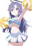  1girl absurdres alternate_costume arm_up bare_shoulders black_halo blue_archive blush bouncing_breasts breasts cheering cheerleader chinese_commentary commentary_request halo highres holding holding_pom_poms large_breasts long_hair looking_at_viewer mechanical_halo millennium_cheerleader_outfit_(blue_archive) mou_buzhiming_huashi navel pleated_skirt pom_pom_(cheerleading) purple_eyes purple_hair simple_background skirt smile solo sports_bra two-tone_sports_bra underboob white_background white_skirt yuuka_(blue_archive) 
