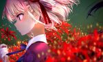 2girls absurdres black_hair blonde_hair blue_ribbon commentary_request flower hair_ribbon highres inoue_takina lycoris_recoil lycoris_uniform multiple_girls neck_ribbon nishikigi_chisato parted_lips red_eyes red_ribbon ribbon sengoku_chidori short_hair spider_lily 