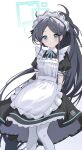  1girl absurdres apron aris_(blue_archive) aris_(maid)_(blue_archive) arms_behind_back black_dress black_hair blue_archive blue_eyes blue_halo blue_ribbon blush boczitok commentary dot_nose dress feet_out_of_frame frilled_apron frills halo highres long_hair looking_at_viewer maid maid_apron maid_headdress official_alternate_costume pantyhose parted_bangs ribbon ringed_eyes short_sleeves simple_background smile solo standing very_long_hair white_apron white_background white_pantyhose 