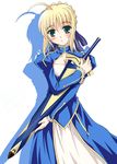  ahoge artoria_pendragon_(all) avalon_(fate/stay_night) blonde_hair dress excalibur fate/stay_night fate_(series) green_eyes long_sleeves saber sheath sheathed solo sword weapon yatsuka 