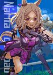  2girls ahoge animal_ears bare_shoulders biwa_hayahide_(pf._winning_equation...)_(umamusume) biwa_hayahide_(umamusume) blonde_hair blue_sky blush boots bow bowtie breasts character_name commentary_request dress ear_covers ear_ornament funaya_sakichi glasses gloves grey_bow grey_bowtie grey_hair highres horse_ears horse_girl horse_tail jacket long_hair long_sleeves medium_breasts multiple_girls narita_top_road_(the_proud_road)_(umamusume) narita_top_road_(umamusume) open_mouth outdoors purple_boots purple_dress purple_eyes purple_jacket purple_shorts purple_skirt purple_thighhighs red-framed_eyewear running semi-rimless_eyewear shirt short_hair shorts single_ear_cover skirt sky solo_focus sweat tail teeth thighhighs umamusume upper_teeth_only white_hair yellow_eyes 