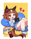  1girl absurdres animal_ears bean_bag_chair blue_hoodie blue_socks blush bottle breasts brown_hair calbee_(potato_chips) chips_(food) commentary_request ear_ribbon food handheld_game_console highres holding holding_handheld_game_console hood hood_down hoodie horse_ears horse_girl horse_tail jorang_(jorang08) korean_commentary long_sleeves multicolored_hair nintendo_switch open_mouth red_eyes short_hair smile socks soda_bottle solo tail transcend_(umamusume) umamusume white_hair 
