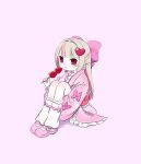  1girl bow brown_hair colored_inner_hair commentary full_body hair_bow hair_intakes hair_ornament heart heart_hair_ornament japanese_clothes kimono makaino_ririmu mopyo multicolored_hair nijisanji pink_background pink_hair pink_kimono pointy_ears red_eyes simple_background sitting solo two-tone_hair untranslatable_commentary virtual_youtuber yukata 