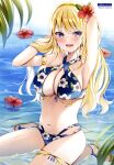  1girl :d absurdres arm_up armlet armpits artist_name bare_arms bikini blonde_hair blue_bikini blue_eyes blush breasts cleavage collarbone criss-cross_halter dengeki_moeoh earrings floral_print floral_print_bikini flower flower_on_liquid full_cleavage gold_armlet gold_thighlet hair_flower hair_intakes hair_ornament halterneck hand_up hands_in_own_hair hibiscus highres jewelry knees_out_of_frame large_breasts long_hair looking_at_viewer magazine_scan multi-strapped_bikini_bottom navel open_mouth original outdoors page_number print_bikini red_flower sakura_hiyori sandals scan shallow_water shiny_skin sideboob sitting sitting_on_water smile solo sparkle swept_bangs swimsuit thighlet third-party_source wariza water water_drop wavy_hair wet 