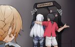  1boy 2girls ak-15_(girls'_frontline) black_hair blonde_hair commander_(girls'_frontline) dorm girls'_frontline girls'_frontline_2:_exilium groza_(girls'_frontline_2) heart ichinoyalab leisurely_heat_(girls'_frontline_2) multiple_girls ots-14_(girls'_frontline) ponytail shorts voymastina_(girls'_frontline_2) white_hair 