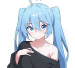  1girl ahoge arahashi_tabi armpit_crease black_sweater blue_eyes blue_hair blush breasts cleavage closed_mouth commentary_request hair_between_eyes hair_intakes hand_on_own_chest hand_up heart heart_ahoge highres korean_commentary large_breasts long_hair long_sleeves looking_at_viewer off-shoulder_sweater off_shoulder simple_background single_bare_shoulder single_off_shoulder solo stellive sweater twintails upper_body virtual_youtuber wabtteong white_background 
