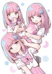  1girl blue_eyes blush bow closed_mouth commentary_request crescent crescent_hair_ornament hair_ornament highres holding kareya long_hair mahou_no_shimai_lulutto_lilly multiple_views nonoyama_rui open_mouth pink_hair pink_sailor_collar pink_skirt pleated_skirt purple_sailor_collar sailor_collar sailor_shirt school_uniform serafuku shirt short_sleeves skirt star_(symbol) white_shirt 