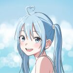  1girl ahoge arahashi_tabi blue_eyes blue_hair blue_sky blush cloud commentary_request day double-parted_bangs heart heart_ahoge highres korean_commentary long_hair looking_at_viewer looking_to_the_side open_mouth outdoors portrait shirt sky sleeveless sleeveless_shirt smile solo stellive straight_hair turning_head twintails virtual_youtuber wabtteong white_shirt 