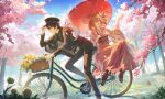  1boy 1girl adjusting_clothes adjusting_headwear animal_on_shoulder bicycle bicycle_basket black_hat blue_sky boots cherry_blossoms commentary_request dullnoko falling_petals fate/grand_order fate_(series) flower fou_(fate) fujimaru_ritsuka_(female) fujimaru_ritsuka_(female)_(walking_in_the_spring_breeze) fujimaru_ritsuka_(male) fujimaru_ritsuka_(male)_(walking_in_the_spring_breeze) gakuran hakama hat highres japanese_clothes lace-up_boots meiji_schoolgirl_uniform multiple_riders oil-paper_umbrella on_bicycle petals pink_flower pink_hakama pink_petals red_umbrella riding riding_bicycle school_uniform sky taishou tree umbrella umbrella_over_shoulder yagasuri 