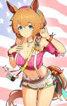  1girl absurdres american_flag_background animal_ears bare_shoulders blonde_hair blue_eyes braid breasts charm_(object) cleavage commentary crop_top english_commentary food-themed_ornament hair_between_eyes hairband highres horse_ears horse_girl horse_tail jewelry large_breasts leaning_forward looking_at_viewer midriff multicolored_hairband navel necklace off-shoulder_shirt off_shoulder official_alternate_costume official_alternate_hairstyle pink_shirt puffy_short_sleeves puffy_sleeves revenantart shirt short_shorts short_sleeves shorts single_braid smile solo star_(symbol) star_necklace suspender_shorts suspenders taiki_shuttle_(bubblegum_memories)_(umamusume) taiki_shuttle_(umamusume) tail thighs umamusume white_shorts yellow_tail 