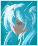  1girl aqua_background aqua_eyes aqua_hair aqua_theme chromatic_aberration hair_between_eyes hatsune_miku highres long_hair portrait solo the_antin twintails vocaloid 