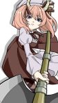  1girl akisaya38102 axe brown_dress brown_ribbon closed_mouth commentary_request demon demon_girl demon_horns double-sided_axe dress hair_ribbon highres holding holding_axe holding_weapon horns linie_(sousou_no_frieren) pink_hair purple_eyes ribbon simple_background solo sousou_no_frieren two-handed weapon white_background white_dress 
