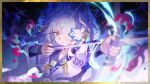  1girl absurdres arknights arrow_(projectile) bird_girl border bow_(weapon) chinese_commentary closed_mouth commentary_request drawing_bow energy feather_hair fox_hair_ornament hair_ornament hair_over_one_eye highres holding holding_arrow holding_bow_(weapon) holding_weapon japanese_clothes jia_ri_fan_mai_ji kimono looking_at_viewer mizutsune_(armor) monster_hunter_(series) multicolored_hair nail_polish one_eye_covered orchid_(arknights) purple_hair purple_nails short_hair solo tassel tassel_hair_ornament upper_body violet_mizutsune_orchid_(arknights) weapon yellow_eyes 