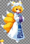  1girl absurdres blonde_hair blue_tabard chinese_commentary commentary_request dress fake_transparency fox_tail full_body grey_background grid_background hands_in_opposite_sleeves hat highres kitsune long_sleeves looking_at_viewer mob_cap multiple_tails mushroom pixel_art solo tabard tail takeez3 touhou white_dress wide_sleeves yakumo_ran yellow_eyes 