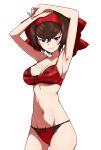  1girl armpits arms_up bow bra breasts brown_hair cleavage commentary_request commission cowboy_shot girls_und_panzer girls_und_panzer_ribbon_no_musha hair_bow headband highres kayabakoro large_breasts looking_at_viewer mole mole_under_eye panties pixiv_commission presenting_own_armpit red_bra red_eyes red_headband red_panties short_hair solo tsuruki_shizuka underwear underwear_only 