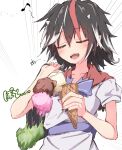  1girl :d a_(phrase) arrow_print bag black_bag black_hair black_nails blue_bow blue_bowtie blue_sash blush bow bowtie closed_eyes commentary cone_horns curled_fingers double-parted_bangs dropping eating emoticon emphasis_lines falling fang food hair_between_eyes hands_up highres holding holding_bag holding_food horns ice_cream ice_cream_cone isgod kaomoji kijin_seija messy_hair motion_lines multicolored_hair multiple_scoops musical_note nail_polish open_mouth pointy_ears puffy_short_sleeves puffy_sleeves red_sailor_collar red_streaks sailor_collar sash shirt short_hair short_sleeves simple_background small_horns smile solo sound_effects streaked_hair touhou upper_body v-neck white_background white_horns white_shirt white_streaks 