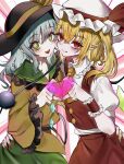  2girls ascot black_hat blonde_hair blush bow buttons closed_mouth collared_shirt commentary_request crystal crystal_wings diamond_button disembodied_linked_eye eyeball fang fang_out fingernails flandre_scarlet four-finger_heart_hands frilled_shirt_collar frilled_sleeves frilled_wrist_cuffs frills green_eyes green_hair green_nails green_skirt hand_on_another's_waist hat hat_bow heart heart_hands heart_hands_duo heart_in_heart_hands highres komeiji_koishi long_fingernails long_sleeves looking_at_viewer mob_cap multiple_girls neon_(co2co8) one_side_up open_mouth pointy_ears red_bow red_eyes red_nails red_skirt red_vest red_wrist_cuffs shirt skirt skirt_set smile touhou vest white_hat white_shirt wide_sleeves wings wrist_cuffs yellow_ascot yellow_bow yellow_shirt yuri 