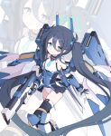  1girl absurdly_long_hair absurdres aqua_halo aris_(armed)_(blue_archive) aris_(blue_archive) armored_boots bare_shoulders black_gloves black_hair black_skirt black_thighhighs blue_archive blue_eyes blue_skirt blue_sleeves blush boots closed_mouth commentary_request detached_sleeves gloves gradient_hair gun halo highleg highleg_leotard highres holding holding_gun holding_weapon kurana_(atlas) leotard long_hair mecha mecha_musume multicolored_hair official_alternate_costume official_alternate_hairstyle rifle robot showgirl_skirt skirt smile solo thighhighs twintails very_long_hair weapon white_boots white_leotard zoom_layer 