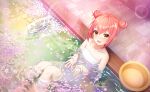  1girl :d bath bathing bathroom bathtub blush breasts bubble cherry_blossoms collarbone commentary_request double_bun flower from_above game_asset hair_bun hair_up highres lily_pad looking_at_viewer naked_towel non-web_source nude official_art onsen ootori_kokona open_mouth partially_submerged petals petals_on_liquid pink_hair ripples rose_petals rubber_duck self-datamine shared_bathing sitting smile soap_bubbles solo splashing steam tile_floor tile_wall tiles towel water water_drop wet world_dai_star yellow_eyes 