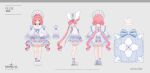  1girl absurdres animal_slippers asymmetrical_legwear back_bow bloomers bonnet bow character_name copyright_name copyright_notice double_bun dress ellie_(mongil:_star_dive) frilled_dress frills full_body grey_background hair_bun highres logo long_hair low_twintails mismatched_legwear mongil:_star_dive multiple_views official_art pink_dress pink_hair purple_eyes purple_socks reference_sheet short_dress single_loose_sock slippers socks turnaround twintails very_long_hair very_low_bun white_bloomers white_bonnet white_slippers 