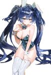  1girl alternate_costume animal_ears bare_shoulders blue_eyes blue_hair blue_leotard blush breasts cleavage closed_mouth commentary fake_animal_ears highres iuno_(wuthering_waves) leotard long_hair medium_breasts multicolored_hair rabbit_ears simple_background smile solo sonchi streaked_hair thighs twintails white_background wrist_cuffs wuthering_waves 