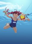  1girl ahoge air_bubble album_cover bait bandaid bandaid_on_knee bandaid_on_leg bare_arms bare_legs bare_shoulders barefoot blue_one-piece_swimsuit bubble caustics collarbone commentary_request cover fish fishing_line flat_chest from_below full_body hair_between_eyes hands_up heart heart_in_eye highres holding_breath legs_apart long_hair nevermind nirvana_(band) old_school_swimsuit one-piece_swimsuit one-piece_tan red_eyes red_hair school_swimsuit solo strap_slip swimming swimsuit symbol_in_eye tan tanlines twintails underwater watanabe_akio water 