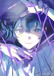  1girl absurdres arknights arm_up black_eyes black_hair bow bowtie chinese_commentary closed_mouth commentary diamond_(shape) english_commentary hair_between_eyes highres jsnttzzj light_smile long_hair looking_at_viewer medium_hair mixed-language_commentary priestess_(arknights) purple_background purple_theme ribbon shirt signature smile solo string symbol-shaped_pupils upper_body 