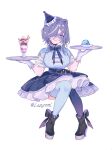  1girl 3am animal_ears asymmetrical_legwear black_bow black_shoes blue_bow blue_dress blue_eyes blue_hair blue_thighhighs bow breasts colored_skin dress eye_mask food gloves hair_over_one_eye hat highres ice_cream large_breasts lazuremi looking_at_viewer mask mismatched_legwear mismatched_thighhighs party_hat pink_skin plate raccoon_ears raccoon_girl shoes short_hair sitting smile snuffy_(idol)_(vtuber) snuffy_(vtuber) solo thighhighs thighs virtual_youtuber white_background white_gloves 