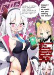  2girls @_@ absurdres animal_ear_headphones animal_ears aya-cis bandaid bandaids_on_nipples black_hairband black_leotard blonde_hair blue_archive blush blush_stickers bottle cat_ear_headphones cat_ears comiket_108 commentary_request embarrassed energy_drink english_text fake_animal_ears fake_horns green_eyes green_halo hair_between_eyes hairband halo headphones highleg highleg_leotard highres holding holding_bottle horns jacket kei_(blue_archive) kei_(student)_(blue_archive) leotard long_hair long_hair_between_eyes long_sleeves looking_at_viewer midori_(blue_archive) multicolored_jacket multiple_girls open_clothes open_jacket open_mouth oversized_breast_cup pasties pink_eyes pink_halo rectangular_halo short_hair strapless strapless_leotard two-tone_jacket white_hair white_jacket 