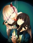  2girls absurdres black_hair blonde_hair blue_shirt blush cigarette_kiss commentary_request flower flower_in_mouth green_background hair_ribbon hand_in_another's_hair highres holding holding_lighter inoue_takina lighter long_hair lycoris_recoil multiple_girls nishikigi_chisato parted_lips purple_eyes red_eyes red_ribbon ribbon sengoku_chidori shirt short_hair spider_lily white_shirt yuri zippo_lighter 