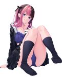  1girl :q absurdres arm_between_breasts arm_support between_breasts black_bow black_hair black_shirt black_skirt blue_bra blue_eyes blue_panties blue_socks blush bow bra breasts collarbone commentary_request convenient_arm cross cross_earrings earrings feet frilled_sailor_collar frilled_skirt frills hair_bow hand_on_own_chin heart heart-shaped_pupils high-waist_skirt highres jewelry jirai_kei kneehighs large_breasts legs long_sleeves looking_at_viewer multicolored_hair nail_polish no_shoes open_clothes open_shirt original panties pantyshot pasdar pink_hair purple_nails sailor_collar shirt simple_background sitting skirt socks solo spread_toes symbol-shaped_pupils textless_cover_page thighs toes tongue tongue_out two-tone_hair two_side_up underwear upskirt white_background white_sailor_collar 
