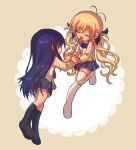  2girls 70lio antenna_hair aoi_sena blazer blonde_hair blue_socks bow bowtie brown_jacket chaos;head closed_eyes commentary_request from_behind highres interlocked_fingers jacket kneehighs long_hair looking_back miniskirt multiple_girls necktie no_shoes open_mouth orihara_kozue petticoat plaid_bow plaid_bowtie plaid_clothes plaid_skirt pleated_skirt purple_bow purple_bowtie purple_necktie purple_skirt school_emblem school_uniform science_adventure skirt smile socks suimei_academy_school_uniform thighhighs twintails very_long_hair white_thighhighs winter_uniform 