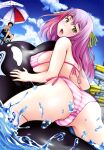  1girl absurdres artist_name ass bare_arms bare_shoulders bikini blue_sky breasts chair cloud cloudy_sky covered_nipples cowboy_shot day dengeki_moeoh from_behind green_eyes green_ribbon hair_ribbon highres hubrael inflatable_orca inflatable_toy large_breasts lifeguard lifeguard_chair long_hair looking_at_viewer looking_back magazine_scan mole mole_under_eye open_mouth original outdoors page_number partially_visible_vulva pink_bikini pink_hair ribbon scan side-tie_bikini_bottom sky solo_focus sparkle splashing striped_bikini striped_clothes swimsuit thighs third-party_source water_drop water_slide waterpark 