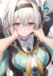  1girl 1other absurdres arms_up black_hairband black_jacket blush breasts cheek_pinching firefly_(honkai:_star_rail) grey_hair hairband highres honkai:_star_rail honkai_(series) jacket large_breasts long_hair looking_at_viewer neckerchief pinching purple_eyes small_sweatdrop solo_focus tomas_(kaosu22) upper_body white_background yellow_neckerchief 