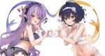  2girls absurdres ahoge babydoll belle_(zenless_zone_zero) blue_hair bow bow_bra bow_panties bowtie bra breasts choker commentary_request drill_hair fang fingernails flower green_eyes grey_hair hair_between_eyes hair_bow hair_ornament hairband hand_on_own_chin hands_up heart heart_hands heart_hands_duo highres letter_hair_ornament lingerie long_hair malsuk mole mole_under_eye multicolored_hair multiple_girls navel open_mouth panties pointy_ears purple_bow purple_bowtie purple_bra purple_hair purple_hairband purple_nails purple_panties red_eyes see-through_clothes short_hair single_hair_intake star_(symbol) stomach streaked_hair underwear very_long_hair vivian_banshee w white_babydoll white_background white_bow white_bra white_choker white_flower white_hairband zenless_zone_zero 