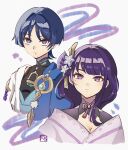 1boy 1girl absurdres aqua_gem black_bodysuit black_hair blue_cape blue_kimono blunt_bangs blunt_ends bodysuit breasts cape choppy_bangs cleavage closed_mouth commentary_request covered_collarbone cropped_torso expressionless eyelashes eyeliner fan_hair_ornament feathers flower gem genshin_impact gold grey_pupils grey_shrug hair_flower hair_ornament highres japanese_clothes juban kaze_oshi27 kimono long_hair long_single_sidelock looking_at_viewer makeup mandarin_collar mole mole_under_eye mother_and_child mother_and_son off_shoulder open_clothes open_kimono parent_and_child pom_pom_(clothes) portrait purple_eyes purple_flower purple_kimono purple_lips purple_rope raiden_shogun red_eyeliner rope scaramouche_(genshin_impact) shoulder_peek shrug_(clothing) side_cape swept_bangs tassel tassel_hair_ornament tsurime wanderer_(genshin_impact) white_background white_kimono white_sleeves yellow_feathers 