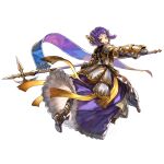  1girl another_eden another_eden_art_team armor bob_cut breastplate breasts brown_eyes dress from_behind full_body gauntlets greaves hair_ornament halberd highres holding holding_polearm holding_weapon long_dress looking_at_viewer looking_back official_art pauldrons polearm purple_hair short_eyebrows short_hair shoulder_armor simple_background small_breasts smile soira_(another_eden) solo tachi-e tareme third-party_source transparent_background two-handed variant_set weapon 