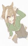  1girl animal_ears black_shorts blue_eyes blush brown_hair cheval_grand_(casual)_(umamusume) cheval_grand_(umamusume) collarbone double-parted_bangs drawstring dutch_angle feet_out_of_frame from_above green_hoodie hair_between_eyes hair_flaps hakugitsu hood hood_down hoodie horse_ears horse_girl horse_tail long_sleeves looking_at_viewer medium_hair missing_headwear multicolored_hair pout shorts sidelocks simple_background sketch solo streaked_hair tail umamusume white_background white_hair 