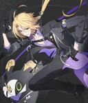  1boy ahoge bangboo_(zenless_zone_zero) black_background black_choker black_gloves black_hat black_pants blonde_hair choker collarbone eye_mask from_side gloves grey_eyes hair_between_eyes half_eye_mask half_mask hat heterochromia highres holding holding_unworn_clothes holding_unworn_hat huge_ahoge hugo_vlad long_hair long_sleeves looking_at_viewer mask mole mole_under_eye official_alternate_costume pants pkgllllllv pointy_ears red_eyes robin_(zenless_zone_zero) smile unworn_hat unworn_headwear white_mask zenless_zone_zero 