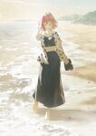  1girl absurdres aogiri_koukou beach commentary_request crop_top fagi_(kakikaki) green_eyes highres holding holding_shoes holding_unworn_clothes ishikari_akari open_clothes open_shirt red_hair shoes short_hair skirt unworn_shoes water 