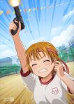  1girl asukamama89 bandana clenched_teeth closed_eyes commentary commission finger_in_own_ear firing futari_wa_precure futari_wa_precure_max_heart gun gym_uniform handgun highres misumi_nagisa nervous orange_hair pixiv_commission precure red_bandana shirt short_hair sports_festival starting_pistol sweat teeth trembling weapon white_shirt 